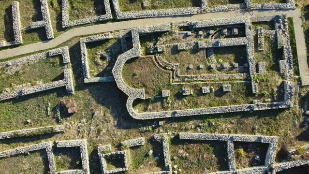 Aerial view of the remains of a medieval fortress in the town of Shumen, Bulgaria.