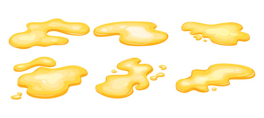 Set of yellow puddle oil, liquid gold, honey spill. Juice drop isolated in cartoon. Vector illustration