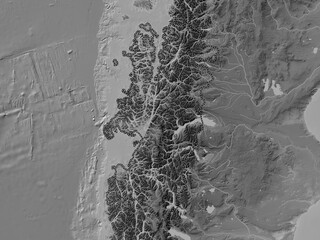 Aisen del General Carlos Ibanez del Campo, Chile. Grayscale. No legend