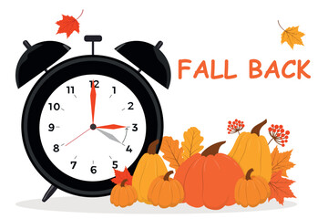 Change your clocks card for Daylight Saving Time. Clocks with pumpkins and leaves. Vector illustration