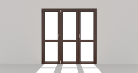 Wooden door. Dark wood. White wall. 3d. 3D render.