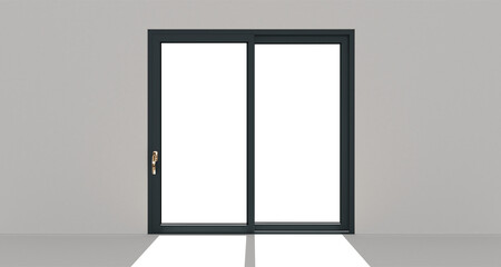 Grey door. Metall door. Transparent. White wall. 3d. 3D render.