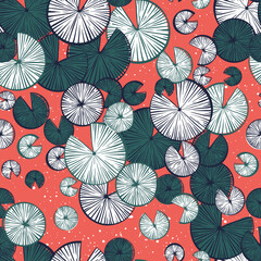 Fototapeta na wymiar Vector seamless pattern with water lilies lotus leaves and Japanese carps, koi fishes. Perfect for textile, fabric, wallpapers, graphic art, printing etc.
