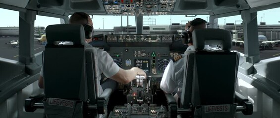 Commercial aircraft pilots going through check list at the airport before the flight. View from inside the cabin. Real aircraft, daytime shot - Powered by Adobe