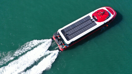 Aerial drone photo of latest technology high speed passenger ferry or 