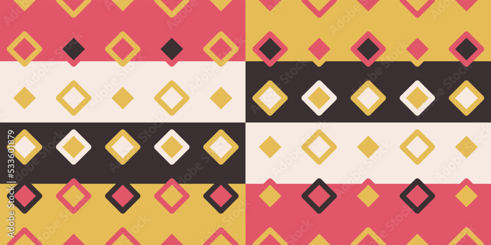 Poster Pink-yellow rhombuses in a seamless pattern. Abstract and colorful vector background. Suitable for packaging, printing, decor and stylish design.