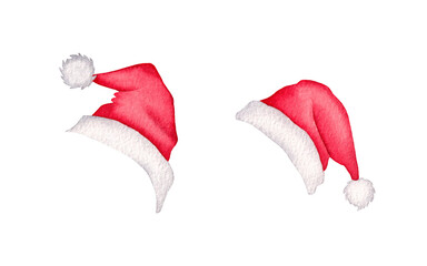 Watercolor set of red Santa Claus hats.
