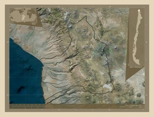 Arica y Parinacota, Chile. High-res satellite. Labelled points of cities