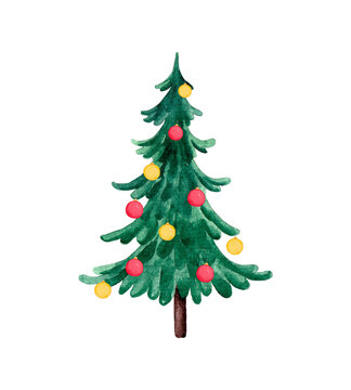 Watercolor Christmas Tree With Ornaments. Hand drawn illustration isolated on white background.