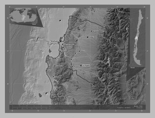 Biobio, Chile. Grayscale. Labelled points of cities