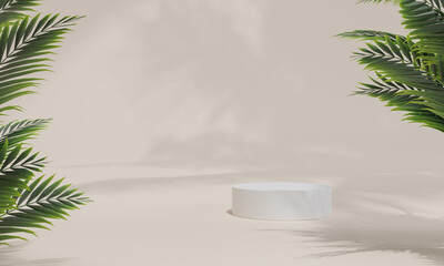 Podium with colorful pastel background and tree or leaf stand or podium pedestal on advertising display with blank backdrops. 3D rendering.