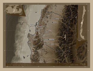 Biobio, Chile. Sepia. Labelled points of cities