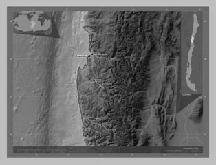 Coquimbo, Chile. Grayscale. Labelled points of cities