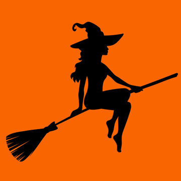 Halloween beautiful sexy witch on broom fly silhouettes