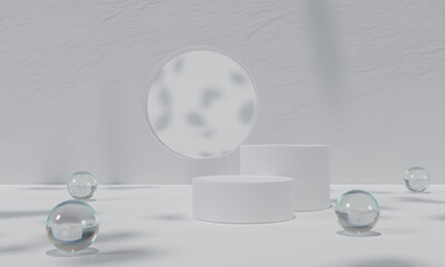 White podium and white background stand or podium pedestal on advertising display with blank backdrops. 3D rendering.