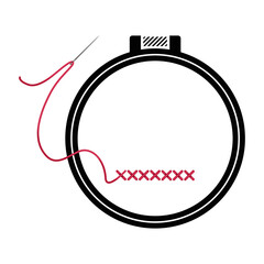 Obraz premium Embroidery icon. A needle with a red thread for embroidery with crosses with black embroidery frames. A symbol of needlework. Vector illustration isolated on a white background for design and web.