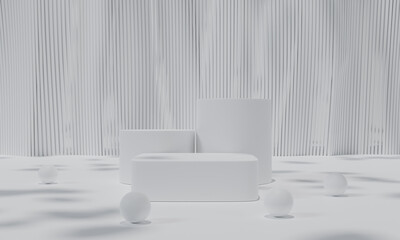White podium and white background stand or podium pedestal on advertising display with blank backdrops. 3D rendering.