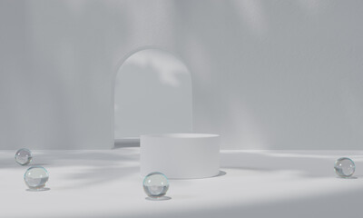 White podium and white background stand or podium pedestal on advertising display with blank backdrops. 3D rendering.