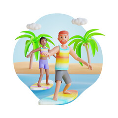 Obraz na płótnie Canvas young couple surfing on the ocean beach 3d character illustration