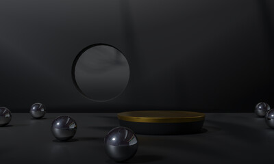 Black podium and black background stand or podium pedestal on advertising display with blank backdrops. 3D rendering.