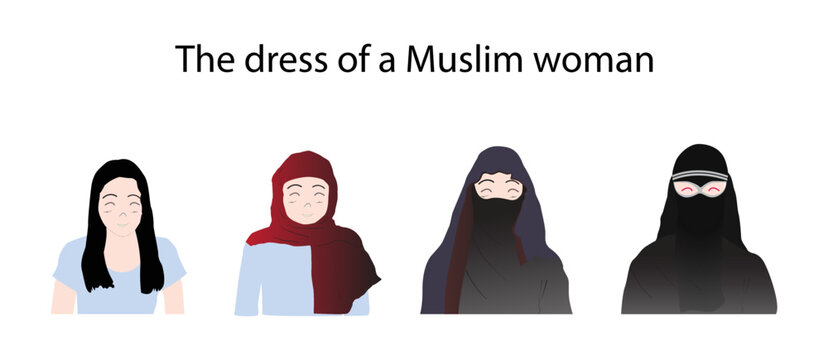 illustration of social studies and religion, Different types of Muslim women's dress, type of headscarf worn by Muslim women, Women in Islam and Muslim Realms