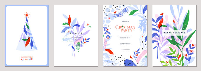 Winter Holiday cards. Universal Abstract Christmas templates with decorative Christmas Tree, ornate floral background and frame with copy space, birds and greetings. - 533605046