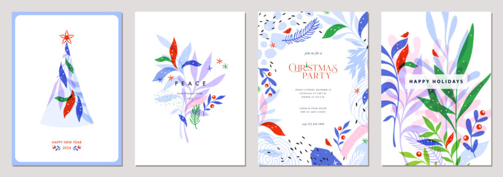 Winter Holiday cards. Universal Abstract Christmas templates with decorative Christmas Tree, ornate floral background and frame with copy space, birds and greetings.