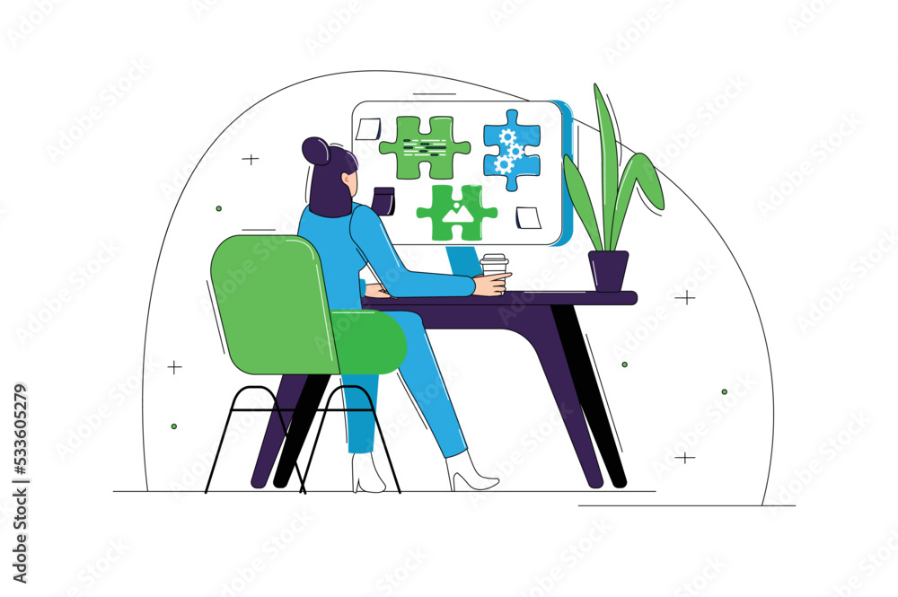 Aufkleber ui ux programming blue and green concept with people scene in the flat cartoon design. designer deve