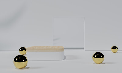 White podium and white background stand or podium pedestal on advertising display with blank backdrops. 3D rendering.