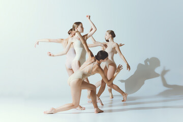 Group of young women, ballerinas dancing, performing isolated over grey studio background. Theater of shadows
