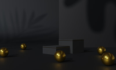 Black podium and black background stand or podium pedestal on advertising display with blank backdrops. 3D rendering.