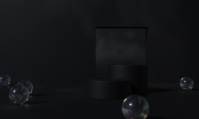 Black podium and black background stand or podium pedestal on advertising display with blank backdrops. 3D rendering.