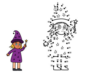 Dot to dot game for kids. Connect the dots and draw a cute girl in witch costume. Halloween puzzle activity page for children. Vector illustration