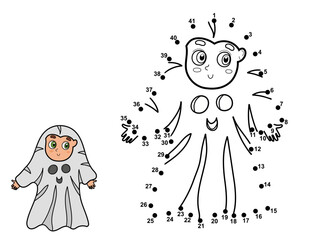 Dot to dot game for kids. Connect the dots and draw a cute kid in ghost costume. Halloween puzzle activity page for children. Vector illustration