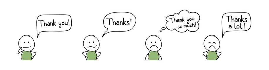 Sad cartoon people with text - thank you, thanks. Vector