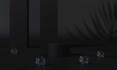 Black podium and black background stand or podium pedestal on advertising display with blank backdrops. 3D rendering.