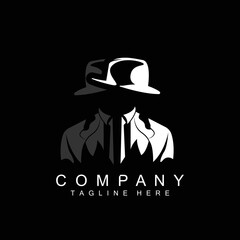 Detective Man Logo Design, Mafia Detective Fashion Tuxedo And Hat Illustration Vector, BlackMan Businesman Icon - obrazy, fototapety, plakaty