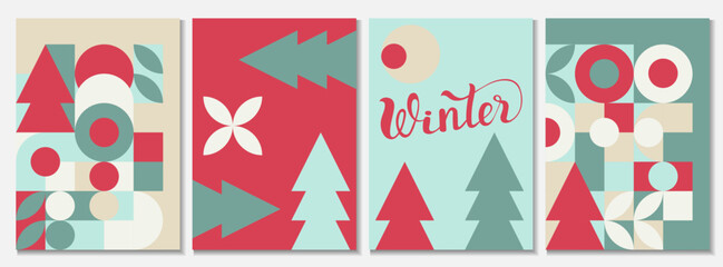 A set of Christmas cards for the cover, the Christmas tree is drawn in the style of a mosaic. Geometric shapes in trendy patterns for congratulations.
