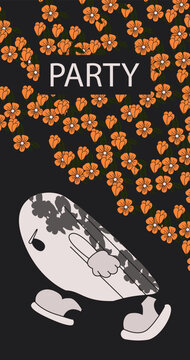 Autumn festival. Great Halloween or All Saints' Day. Funny vector illustration with the image of a cute ghost on a background of flowers