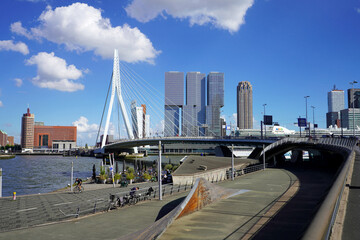 Skyline von Rotterdam mit Erasmusbrücke und Wolkenkratzern, Niederlande