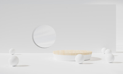 Podium with colorful background stand or podium pedestal on advertising display with blank backdrops. 3D rendering.