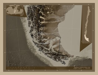 Magallanes y Antartica Chilena, Chile. Sepia. Labelled points of cities