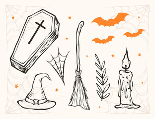 Collection of hand drawn Halloween elements. isolated vector illustration