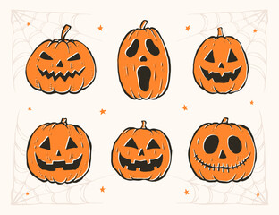 Set of hand drawn halloween pumpkin illustrations. isolated vector