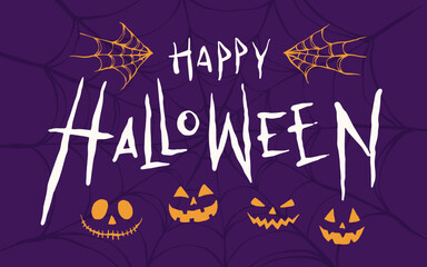Happy halloween lettering with pumpkin and spider web backgroundHalloween background