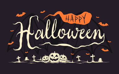 Happy halloween lettering with pumpkins and flying bats background
