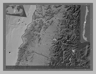 Maule, Chile. Grayscale. Labelled points of cities