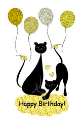 Gift card. Birthday card with cats, hearts and inflatable balloons. Gold color and glitter. Banner Happy Birthday! Animals.