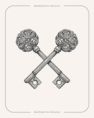Carved crossed keys in engraving style. Two elegant keys with Victorian curls. Medieval symbol on white isolated background. Vintage vector illustration for postcard design, book or tattoo template.