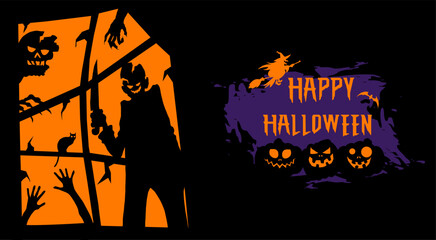 halloween background with fire Halloween promotion banner poster or background, killer, witch, black cat, pumpkin lantern on black background.Background or banner Halloween template